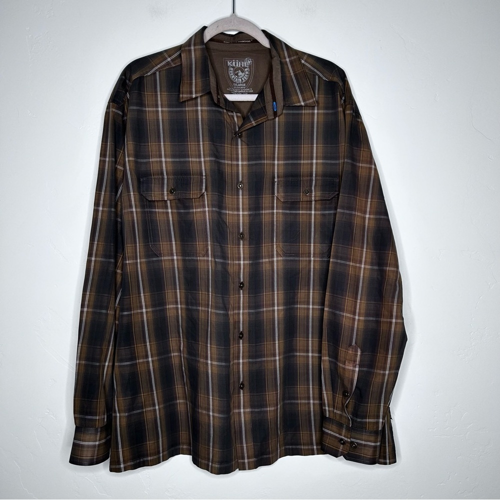 Kuhl Tan Gray Plaid Button Down Shirt Size XXL Eluxur Ionik Camping Outdoors
